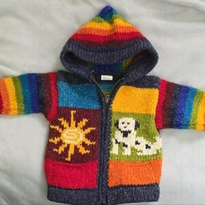 Hand Knit Wool Peruvian Rainbow Unisex Hooded Baby Sweater Jacket